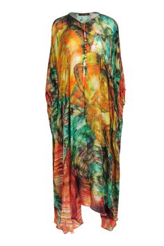 Current Boutique-Roberto Cavalli - Orange & Multi Color Print Silk Coverup Dress Sz 6 Tropical Multicolor Beach Dress Cover-up, Flowy Multicolor Beachwear Cover-up, Multicolor Flowy Cover-up For Beach Party, Multicolor Bohemian Maxi Dress For Poolside, Bohemian Multicolor Maxi Dress For Poolside, V-neck Abstract Print Beach Dress, Flowy Multicolor Tunic Cover-up, Long Multicolor Beach Dress For Summer, Multicolor Tunic Style Beachwear Cover-up