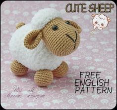 a crocheted stuffed sheep sitting on top of a pink background with the caption cute sheep free english pattern