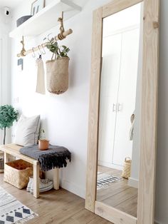 a room with white walls and wooden flooring, mirrors hanging on the wall, potted plants