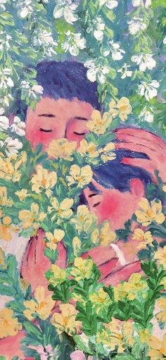 a painting of two people hugging each other with flowers in the foreground and trees in the background