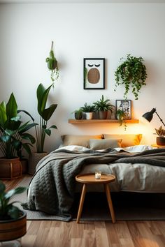 a bedroom with potted plants on the wall and a bed in the foreground