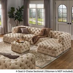 a living room filled with lots of furniture in front of two windows and a rug on the floor