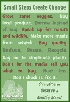 a green poster with the words small steps create change in white and red lettering on it