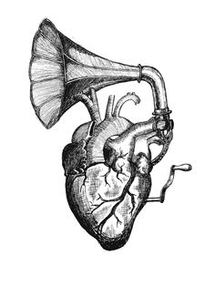 a drawing of a heart with an old fashioned horn in it's mouth and the words good morning, hearache