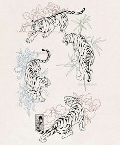 two white tigers and some flowers on a sheet of paper with ink drawing technique