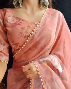 #fashion #aesthetic #whisper #dresstoimpress #saree #sareelove Peach Colour Saree, Floral Silk Saree, Indian Wear Saree, Pearl Lace Border, Saree Orange, Floral Sarees, Buy Designer Sarees Online, Saree Wearing Styles