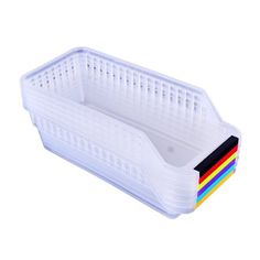 a white plastic storage container with multicolored handles