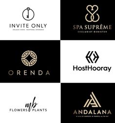 four different logos for spas and salons on black and white squares with gold accents