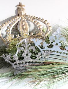 Vintage Crown Ornaments Yaya Sisterhood, Budget Home Decor, Silhouette Ornaments, Moss Wreath, Christmas Open House, German Glass Glitter, Home Decor Finds, White Interiors, Royal Tea