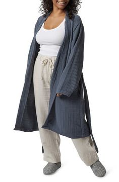 Enjoy the luxurious elegance of a spa-inspired robe at home with this supercomfy style made from four-ply gauze woven from long-staple Turkish cotton. It's also garment washed for added lived-in softness from the first wear. 42" length ( size X-Large)   Open front   V-neck   Long sleeves   Side-seam pockets   Removable tie belt   100% cotton   Machine wash, tumble dry   Made in Turkey   OEKO-TEX®–certified materials free of harmful substances Relaxed Fit Solid Color Robe For Relaxation, Spring Cozy Robe For Loungewear, Open Front Cotton Robe For Loungewear, Cotton Open Front Robe For Loungewear, Spring Cozy Loungewear Robe, Cozy Loungewear Robe For Spring, Cozy Spring Loungewear Robe, Comfortable Long Sleeve Robe For Daywear, Fall Loungewear Robe With Open Front