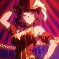 a woman wearing a top hat and holding her hands on her hips while standing in front of a circus tent