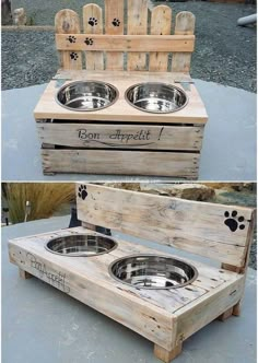 two wooden pallets with dog bowls in them and the bottom one has paw prints on it