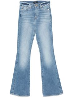 blue cotton blend denim stonewashed front button and zip fastening belt loops classic five pockets flared hem Wardrobe Edit, Yoko London, Denim Flares, Exclusive Fashion, Ballet Flat Shoes, Ski Wear, Lady Dior, For All Mankind, 7 For All Mankind