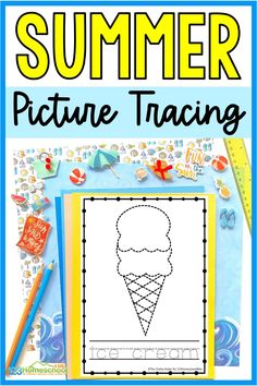 an ice cream cone with the text summer picture tracing on it and some pencils