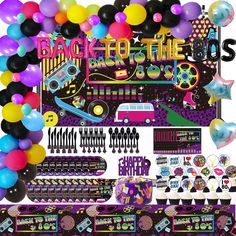 an assortment of party supplies including balloons, streamers and decorations for a 80s themed birthday party