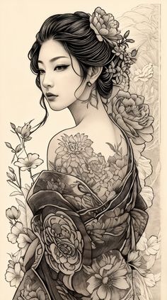 Geisha Tattoos For Women, Chinese Goddess Tattoo, Geisha Drawing Tattoo, Geisha Arm Tattoo, Geisha Art Tattoo, Geisha Back Tattoo, Empress Drawing