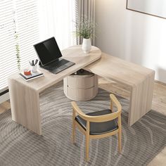 a laptop computer sitting on top of a wooden desk next to a chair and potted plant