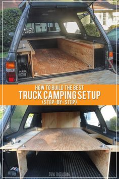 the back end of a truck that has been built with wood and is being used as a camper