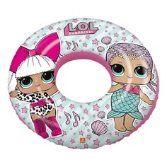 an inflatable ring toy with two dolls on the front and one is wearing a dress