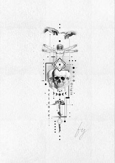 a black and white drawing of two hands reaching out to each other with skulls on them