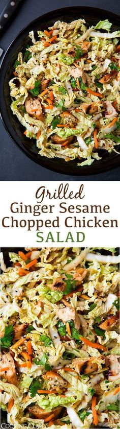 grilled ginger sesame chopped chicken salad with carrots and celery in a skillet