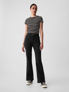 High Rise '70s Flare Jeans | Gap Retro Fitted Mid-rise Flares, Retro Mid-rise Fitted Flares, Gap Wide Leg Flare Jeans, Chic High Rise Gap Bottoms, Black Full Length Gap Bottoms, Gap Black Wide Leg Bottoms, Retro Fitted Flares With Flared Hem, Retro Fitted Bottoms With Flared Hem, 70s Flare Jeans