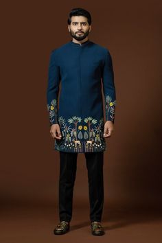 Buy Blue Terry Cotton Embroidered Zardozi Nairobi Jungle Achkan Trouser Set For Men by Paarsh Online at Aza Fashions. Achkan For Men, India Fashion Men, Boys Kurta Design