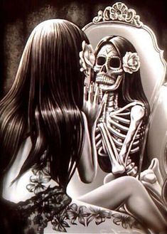 a skeleton sitting next to a woman in front of a mirror