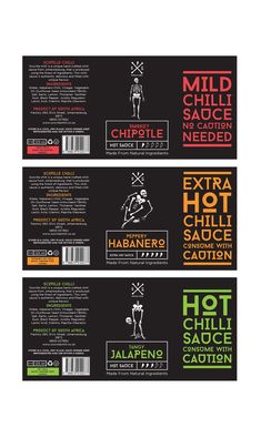 three different label designs for hot sauces