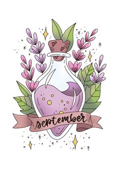 a bottle filled with flowers and leaves on top of a white background