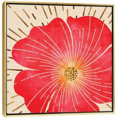 a red flower on a beige background with gold lines and dots in the shape of a sunburst