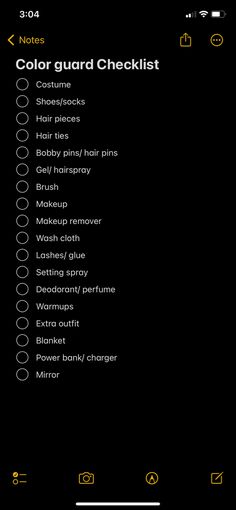 the color guard checklist is displayed on an iphone screen, with yellow and black text