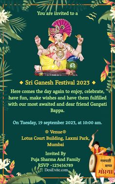 Ganesh Chaturthi Invitation Card Ganesh Chaturthi Marathi, Ayurvedic Logo, Puja Invitation, 2023 Invitation, Festival Invitation, Plazo Pant, Home Ganpati