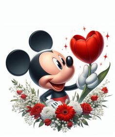 mickey mouse holding a heart shaped balloon with flowers in front of it and the words i love you written on it