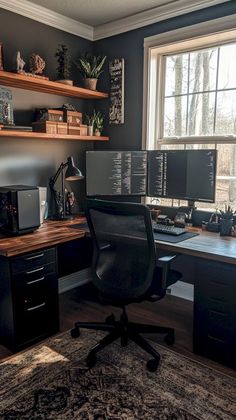 a home office with two computer screens on the desk