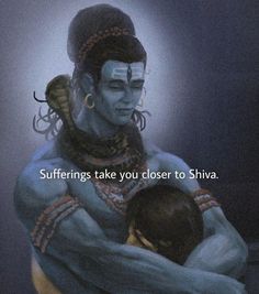 a painting of a man holding a baby in his arms with the caption saying sufferings take you closer to shra