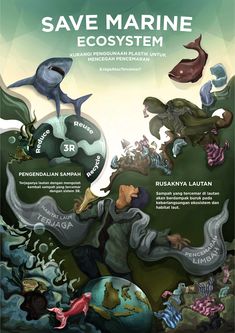 an info poster showing marine life in the ocean, including dolphins and sea creatures with words that read save marine ecosytem