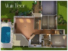 an aerial view of a house with pool and two car garages on the first floor