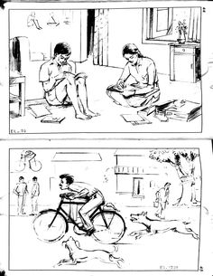 two black and white comics depicting people sitting on the floor, one with a bicycle