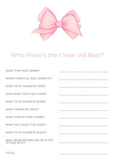 Celebrate your little princess's first birthday with this fun and adorable printable bundle! This instant download includes three PDF files that you can print at home or at your local print shop. The files are: -A trivia quiz to see who knows the birthday girl best. Test your guests' knowledge of her favorite things, milestones, and personality. -A game of who did it first with the baby. Find out who was the first to change a diaper, feed a bottle, or make her laugh. -A template for guests to wr Birthday Games For 1st Birthday, Baby Party Favors 1st Birthdays, Games For 1st Birthday Party, Games For First Birthday Party, Things To Do At 1st Birthday Party, First Birthday Activities For Kids, 1st Birthday Activities For Guests, First Birthday Activities For Guests, First Birthday Trivia