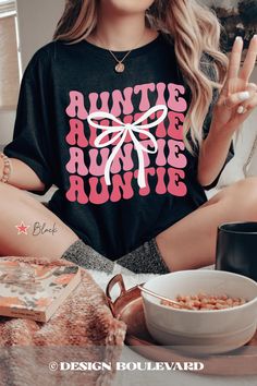 Auntie Coquette Shirt, Auntie Ribbon T Shirt, New Auntie Gift, Aunt to Be Shirt, Future Aunt Gift, New Aunt Shirt, Auntie Bow Tee, Birthday - Etsy Cute Text Print T-shirt As Gift, Cute Relaxed Fit T-shirt As Gift, Fun Tops With Funny Text For Gifts, Fun Letter Print Shirt For Gifts, Fun Letter Print Shirt As A Gift, Fun Letter Print Shirt For Gift, Fun Letter Print T-shirt For Gift, Cute T-shirt With Funny Text As Gift, Black Cute Shirt For Birthday