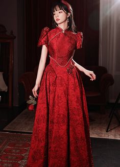 Qipao-inspired Wedding Dress Wedding Chinese Dress, Red Long Sleeve Wedding Dress, Fitted High Neck Wedding Dress, Fitted Dress For Spring Ceremonies, Spring Ceremony Fitted Dress, Chinese Wedding Dresses, High Neck Wedding Dress With Fitted Bodice, Elegant Festive Dress With Stand Collar, Elegant Dresses With Stand Collar For Festive Season