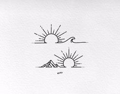 the sun and mountains are drawn in black ink