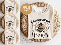 three t - shirts with the words keeper of the genderer printed on them next to a woven wicker basket