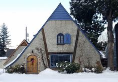 a house with a blue roof in the snow