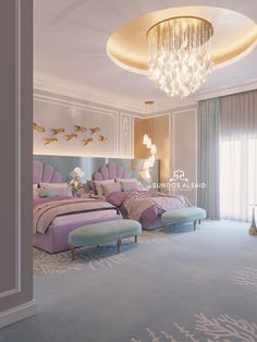 a bedroom with two beds and a chandelier