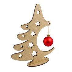 a wooden christmas tree ornament with a red bauble hanging from it