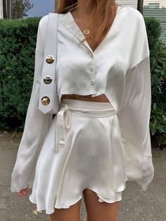 Tied Satin Two Piece Skirt Set Mini Pencil Skirt Outfits, Satin Two Piece Set, Khaki Tops, Pencil Skirt Outfits, Chic Skirts, Mini Pencil Skirt, Satin Long Sleeve, Mode Inspo, Looks Chic