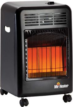 an electric heater with the door open and flames on it's front side