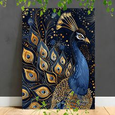 a painting of a peacock on a dark blue background with gold and green leaves in the foreground